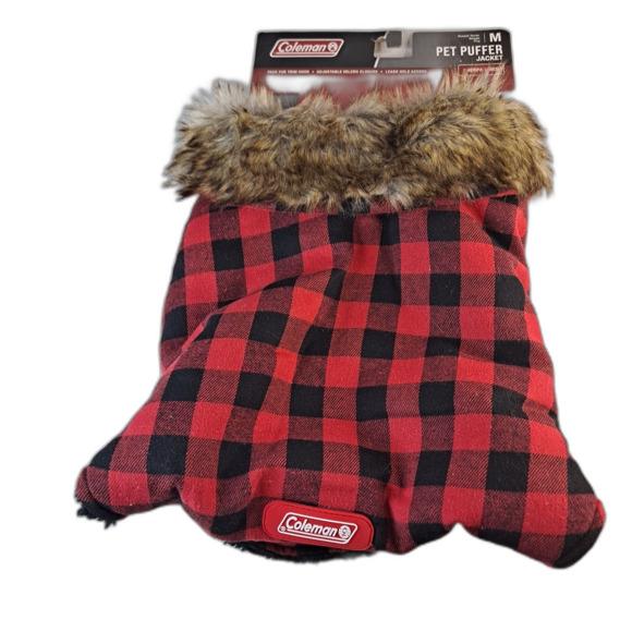 Coleman Pet Puffer Jacket Size M Dog Buffalo Check Sherpa Lined Red/Black - Picture 1 of 7